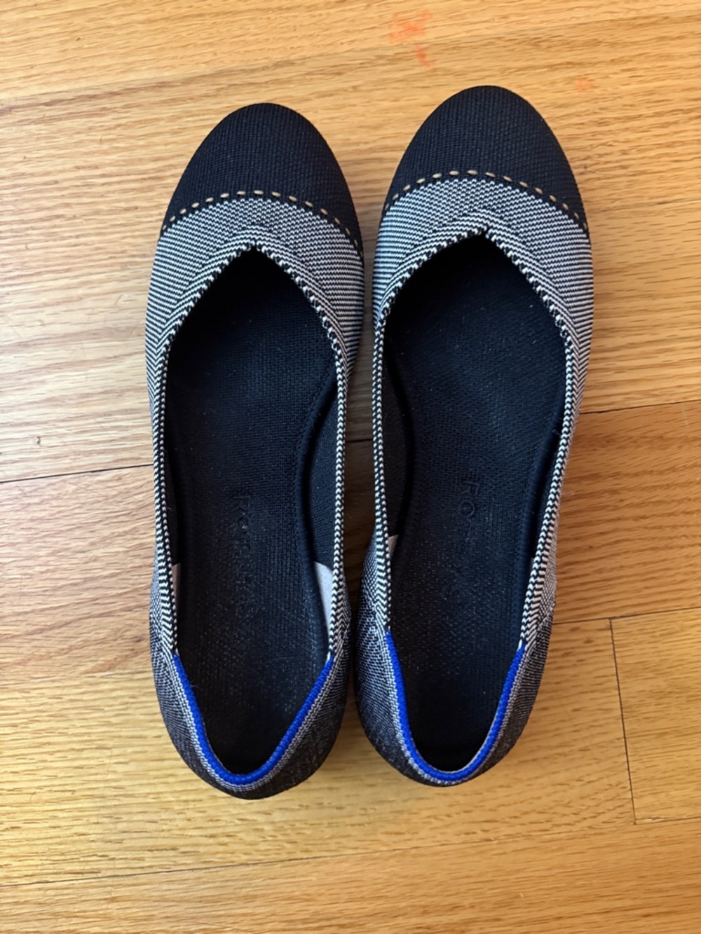 Rothy's Black and White Knit Flats with Blue Trim